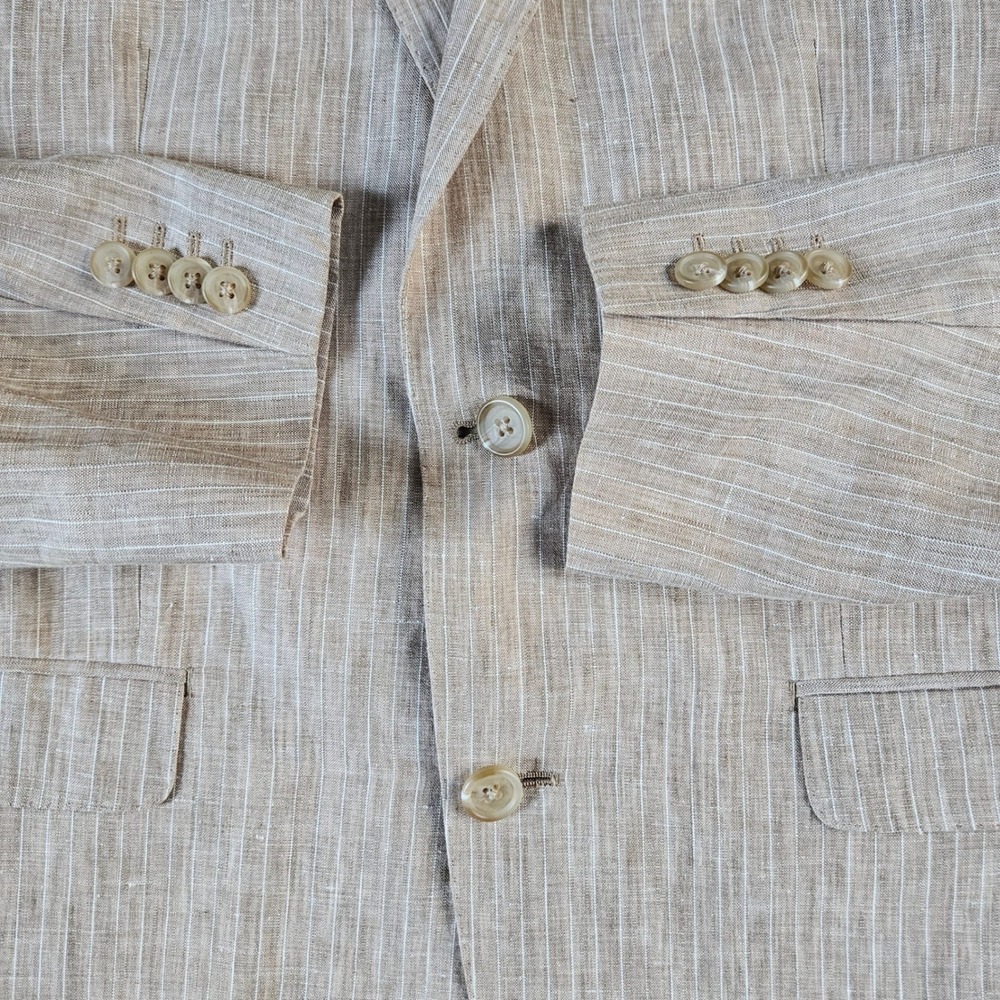 Ralph Lauren Linen Suit Men's 40S Tan Pinstripe Trim Fit Jacket Pants W33x30 - Picture 8 of 16
